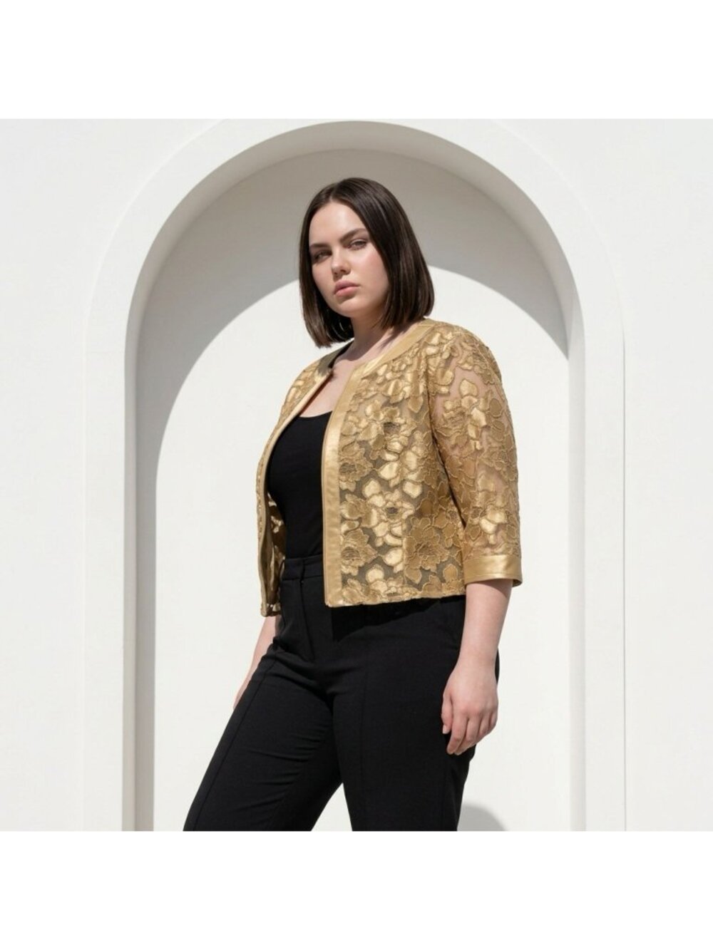 Colleen Lopez Gold Floral Lace Zippered Faux Leather Jacket with 3/4 Sleeves 1X